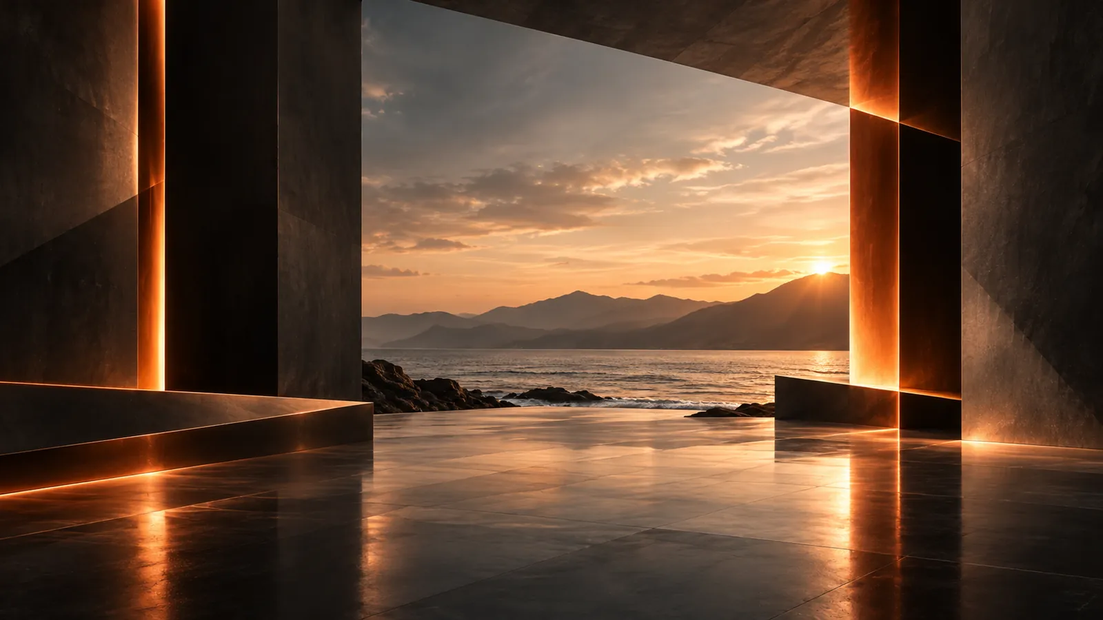 Betonarchitektur, die sich zu einem ruhigen Horizont öffnet